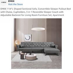 EMKK 114”L Shaped Sectional Sofa, Convertible Sleeper Pullout Bed with Chaise, Cupholders, 3 in 1 Reversible Sleeper Couch with Adjustable Backrest fo