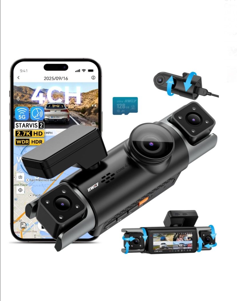 IIWEY 4 Channel 360° Dash Camera, Front Rear Inside, WiFi GPS, Voice Control, Night Vision, Parking Mode, Loop Recording, G-Sensor, Truck SUV Van
