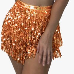 Orange Belly Dance Hip Sequins Fringe Skirt