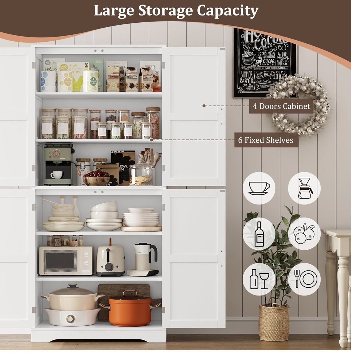 71.3" Tall Kitchen Pantry Storage Cabinet, Modern Kitchen Hutch with Storage Shelves, Food Pantry with Door & Silver Handle, Freestanding Cupboard for