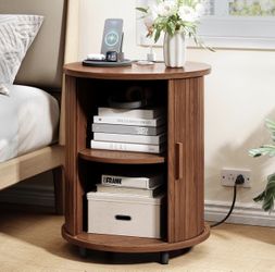Round Charging Nightstand / Side Table w/ Outlet & USB