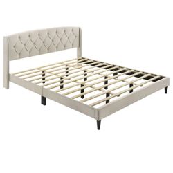 Beige king size bed velvet soft headboard White dresser included. Put it together but it doesn’t fit my room