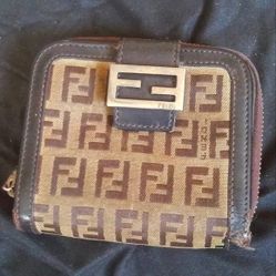 Vintage fendi ff monogram multi compartment brown leather canvas silver wallet