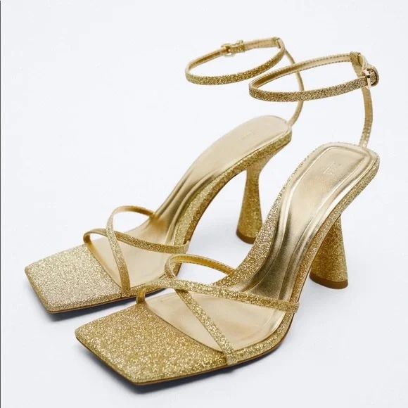 Zara Gold Glitter Strappy Heels Size Size 9