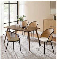 Mid-Century Modern Dining Chair Set of 4 with Matte Metal Legs, Rattan Backrest