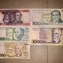 Lot of 5 1(contact info removed) - Brazil - 5 Different Notes - Cruzeiros & Cruzados - UNC.