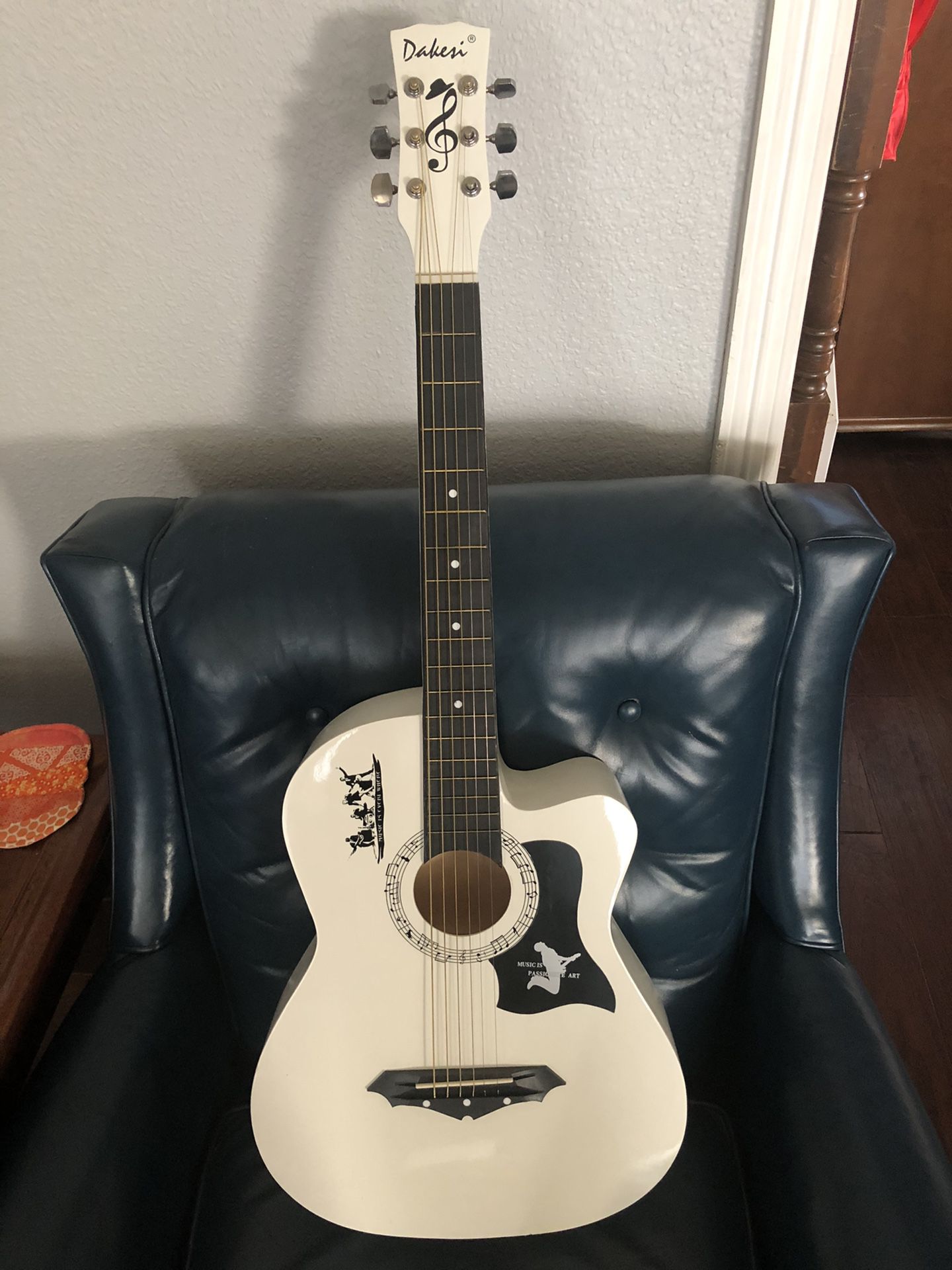7/8 Size White Country Acoustic Guitar with Extra Strings, Cover, Pick, Strap $50 Firm
