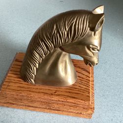 Vintage 1950’s Brass Horse Head Mounted on Wood Block 7” Tall Decorative Object, Paperweight Bookend