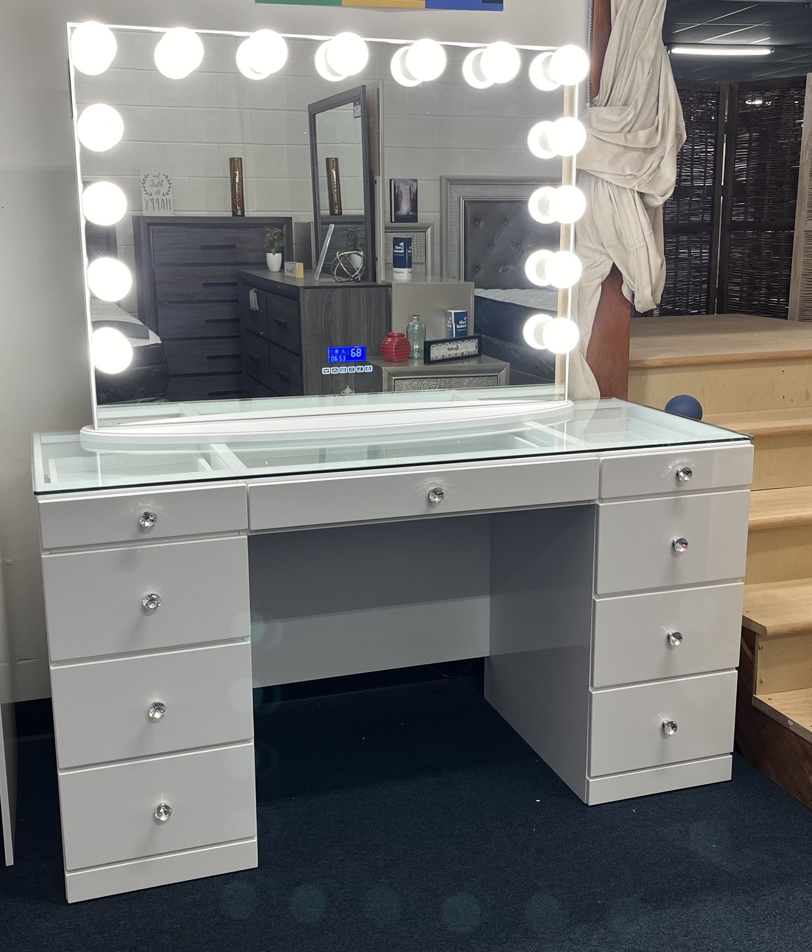 White Vanity Mirror W/ Bluetooth And Desk