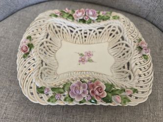 Vintage Capodimonte Porcelain Woven Basket with Hand-Painted Pink Roses