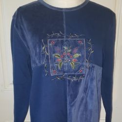 Erika Collection Petites Suede Blue Embroidered Long Sleeve Sweater (Size PS)
