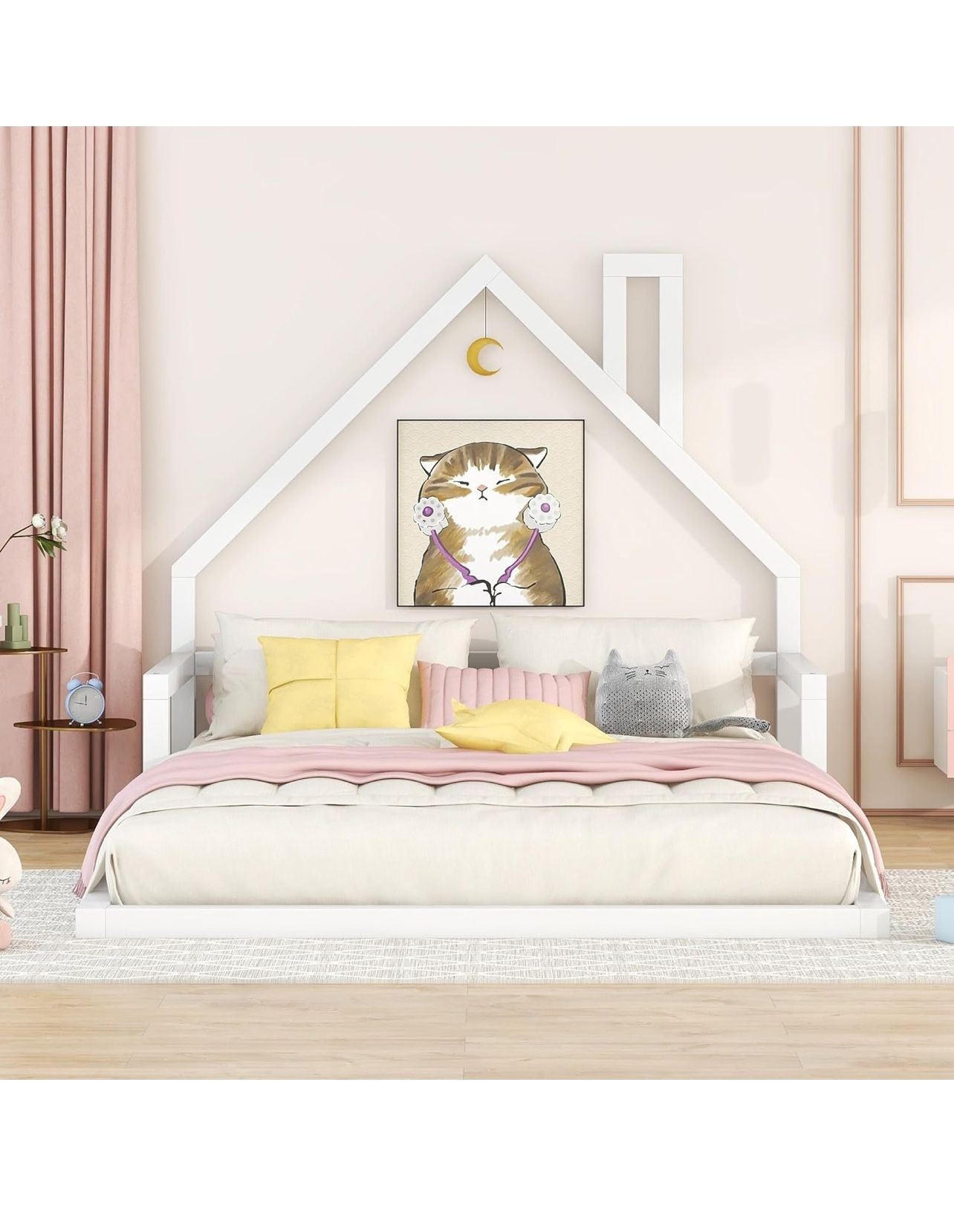 Full Size Floor Bed with House-Shaped Headboard, Full Montessori Floor Bed Wood Frame, No Box Spring Needed, for Kids Teens - White