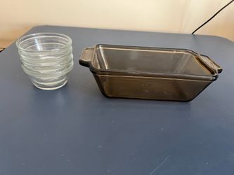 Anchor glass 5.25x 9x 2.74 1.5 Qt loaf pan&   4” custard cups