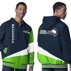 Seattle Seahawks Color Block Logo Full-Zip Hooded Jacket Official NFL Gear - Large