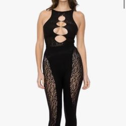 Women's Mesh Sleeveless Jumpsuit with Lace Details, Black