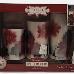 Loft Living Poinsettia 3-Piece LED Pillar Flameless Candle Set W/4 Hour Timer