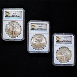 Three 2014 American Eagle 1oz pure .999 silver NGC graded MS70 coins