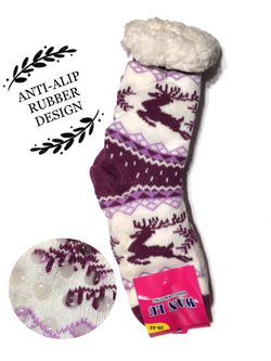 Womens/Girls Christmas Reindeer Thick Knit Thermal Fuzzy Slipper Socks Size:6-8