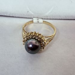 14K Gold, Cultured Pearl & Diamond Ring