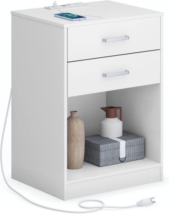 White Nightstand with Charging Station