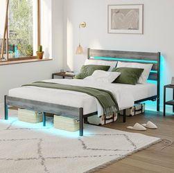 Full Size Bed Frame with Charging Station, LED Light Metal Bed Frame with Wooden Headboard, No Box Spring Required, No Noise, Easy Assembly, Light Gre