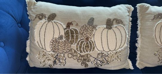 Set of 3 Beaded Pumpkin Fall Pillows - 14x20" & 18x18” 100% Cotton