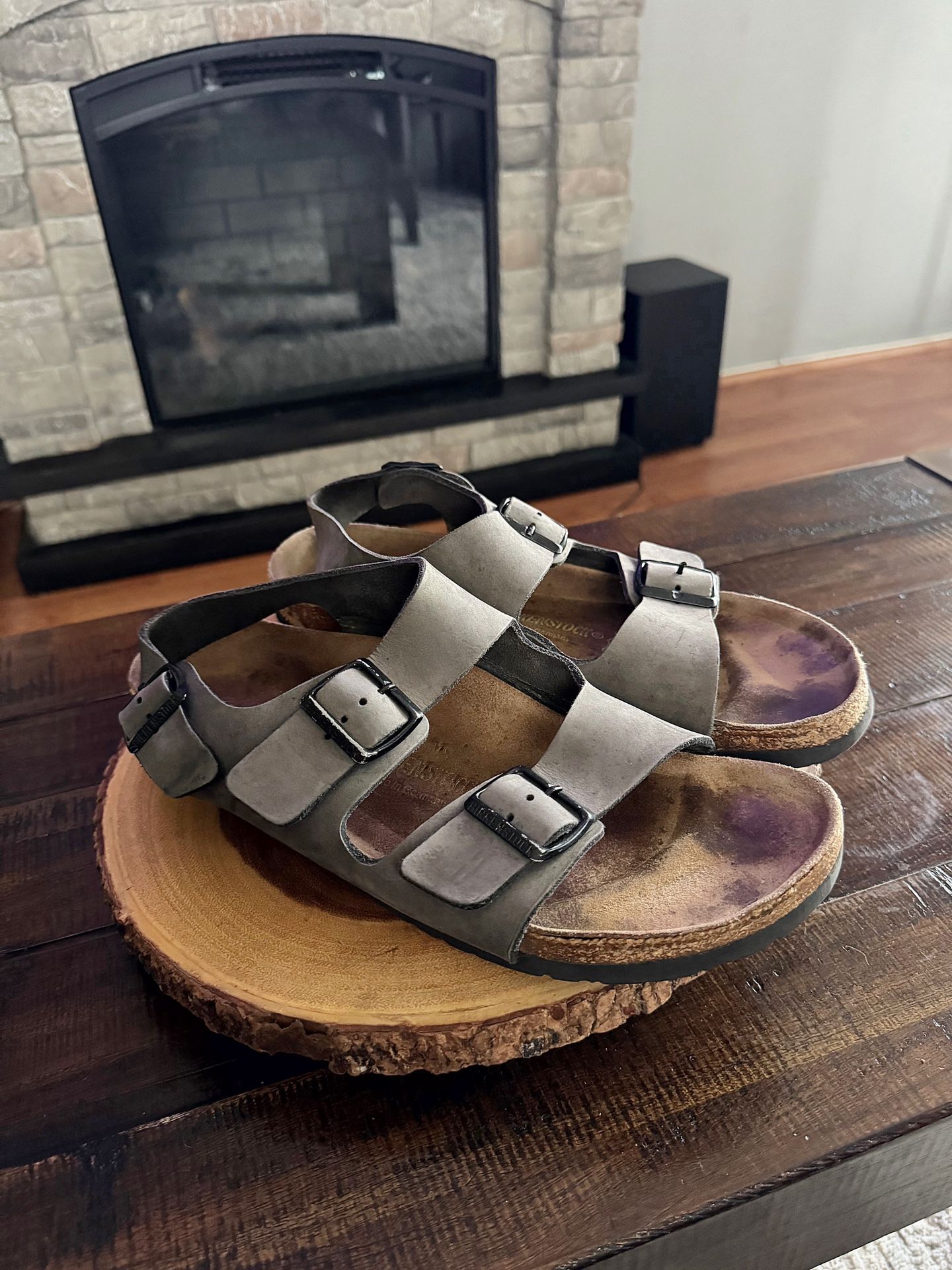 Men’s Milano Birkenstock size 11 (44). Retail $130. Color grey. Has normal wear. Great sandals without box.