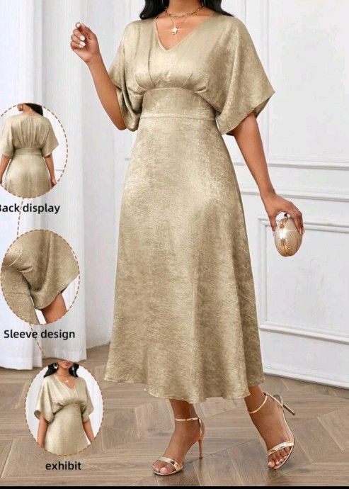 SHEIN Gold Solid Batwing SLEEVE A-line Dress XL
