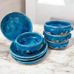 Vintage One Of A Kind Handcrafted Studio Pottery Blue Glaze Bowls w/ Plates 8 Pc