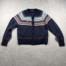 J. CREW Fair Isle Birdseye Women’s M Blue Cherry Lambswool Blend Cardigan #1029