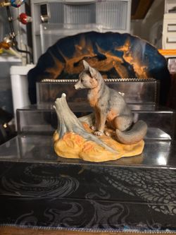 Painted Fox Figurine with Log Base