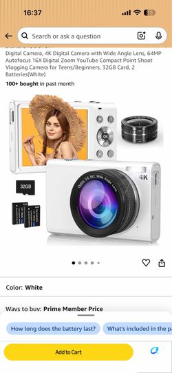 4K Digital Camera with Wide Angle Lens, 64MP Autofocus 16X Digital Zoom YouTube Compact Point Shoot Vlogging Camera for Teens/Beginners, 32GB Card, 2