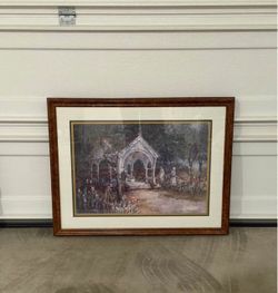 Large Framed Garden Gazebo Watercolor Art Print w/ Burl Wood Frame