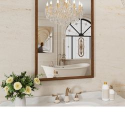 Bathroom Mirror, 24x36 Inch Wall Mirror, Walnut Wood Grain Framed Mirror, Rectangle Vanity Mirror, Tempered Glass, Anti-Rust, Hangs Horizontally or Ve