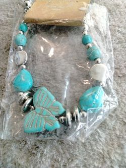 Hand Carved GORGEOUS Bracelet Silver Plated Beads And REAL Turquoise Beads Butterfly NEW Thumbnail