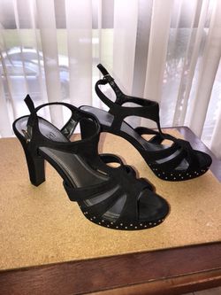Ladies Black Open-Toe Suede Heels, Size 8.5, New