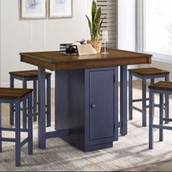 NEW DARK OAK & BLUE 5PC. COUNTER HEIGHT DINING TABLE SET