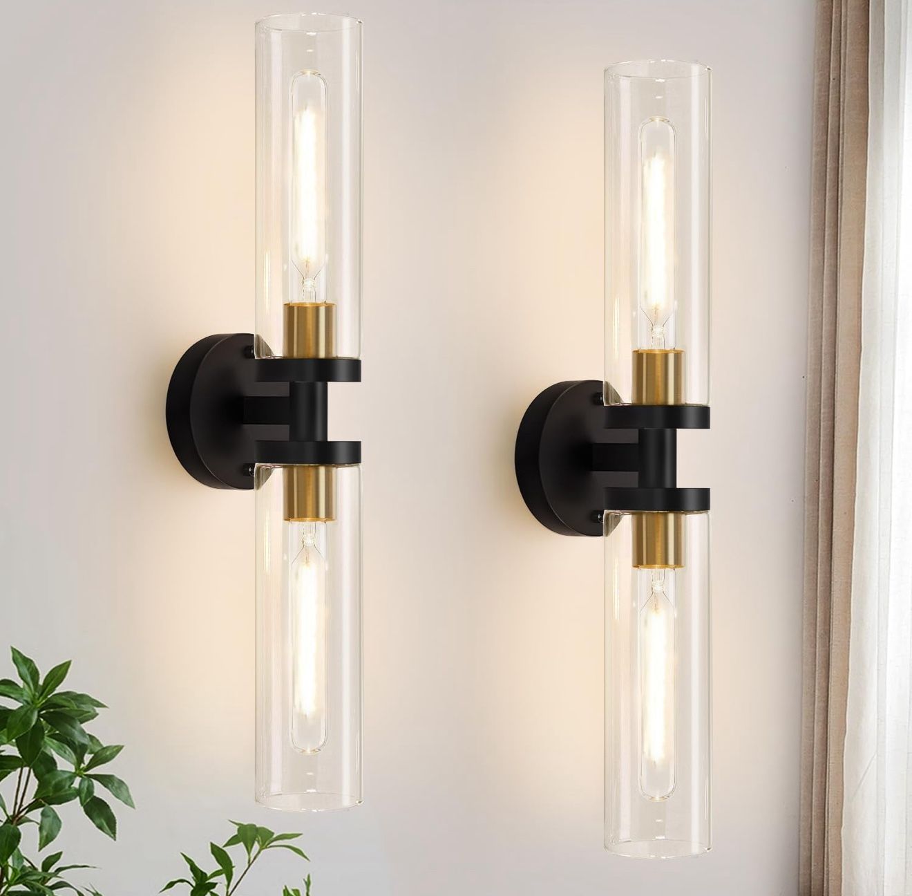 Set of Two, Black and Gold Bathroom Sconces Wall Lighting with Clear Glass
