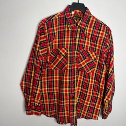 Vintage 70s 80s USA Washington Dee Cee Plaid Flannel Mens Large Red Yellow FLAW
