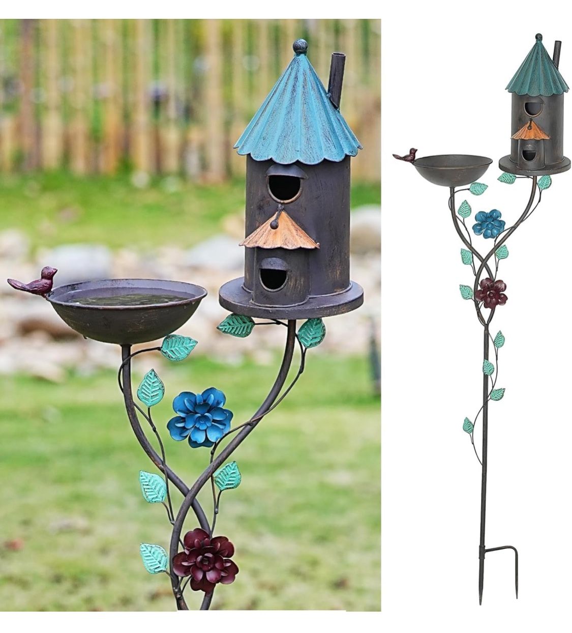 58” H Bird Baths for Outdoors, Metal Bird Bath and Bird House 2-in-1 Design, Birdbath and Bird Houses with Pole for Outside Garden Yard Decor