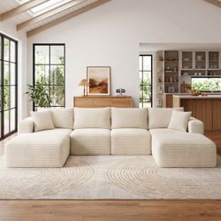 New 135" U-Shaped Modular Sectional Sofa with 2 Ottomans, 6-Piece Boneless Corduroy Cloud Couch, Deep Seat Simple Assembly Beige  New in box 113342211