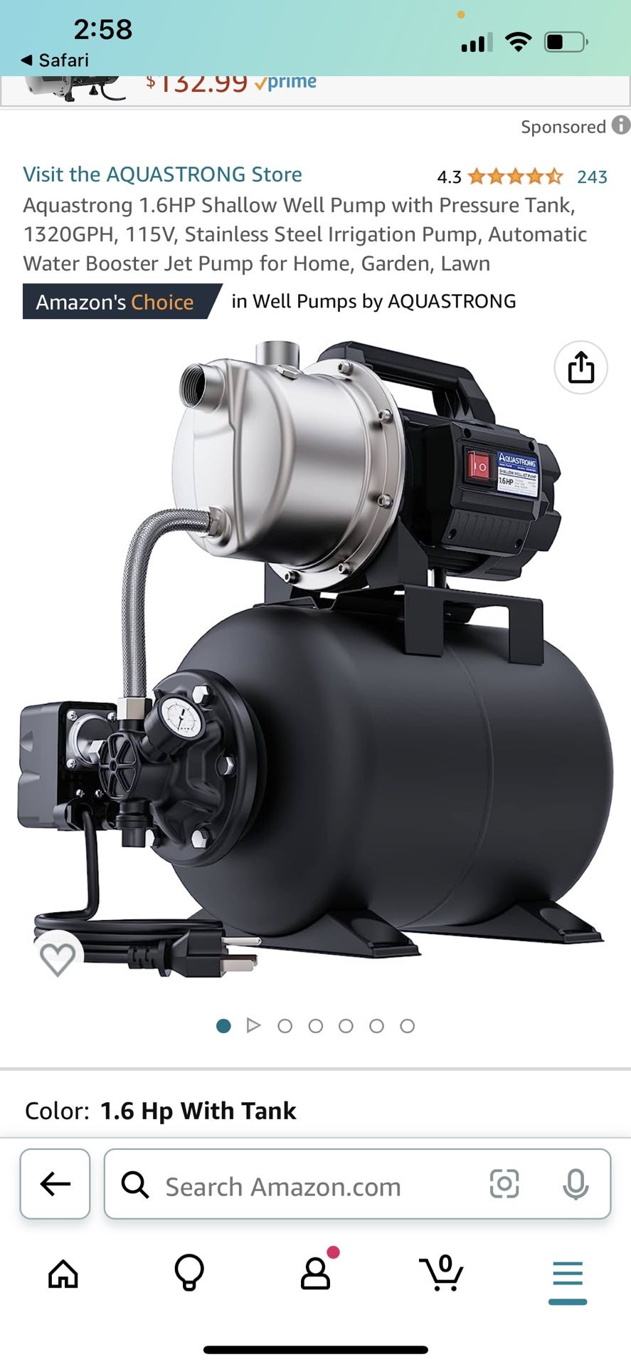 Aquastrong 1.6HP Shallow Well Pump with Pressure Tank