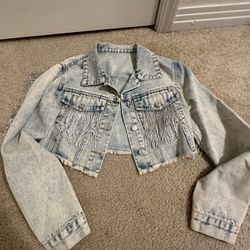 Cropped Denim Jacket with Silver Fringe