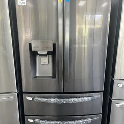 Black Stainless Steel Refrigerator With Double Freezer Drawers Was$3199 NOW$1299