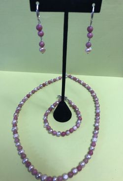 Rhodochrosite with freshwater pearl necklace, earrings and bracelet