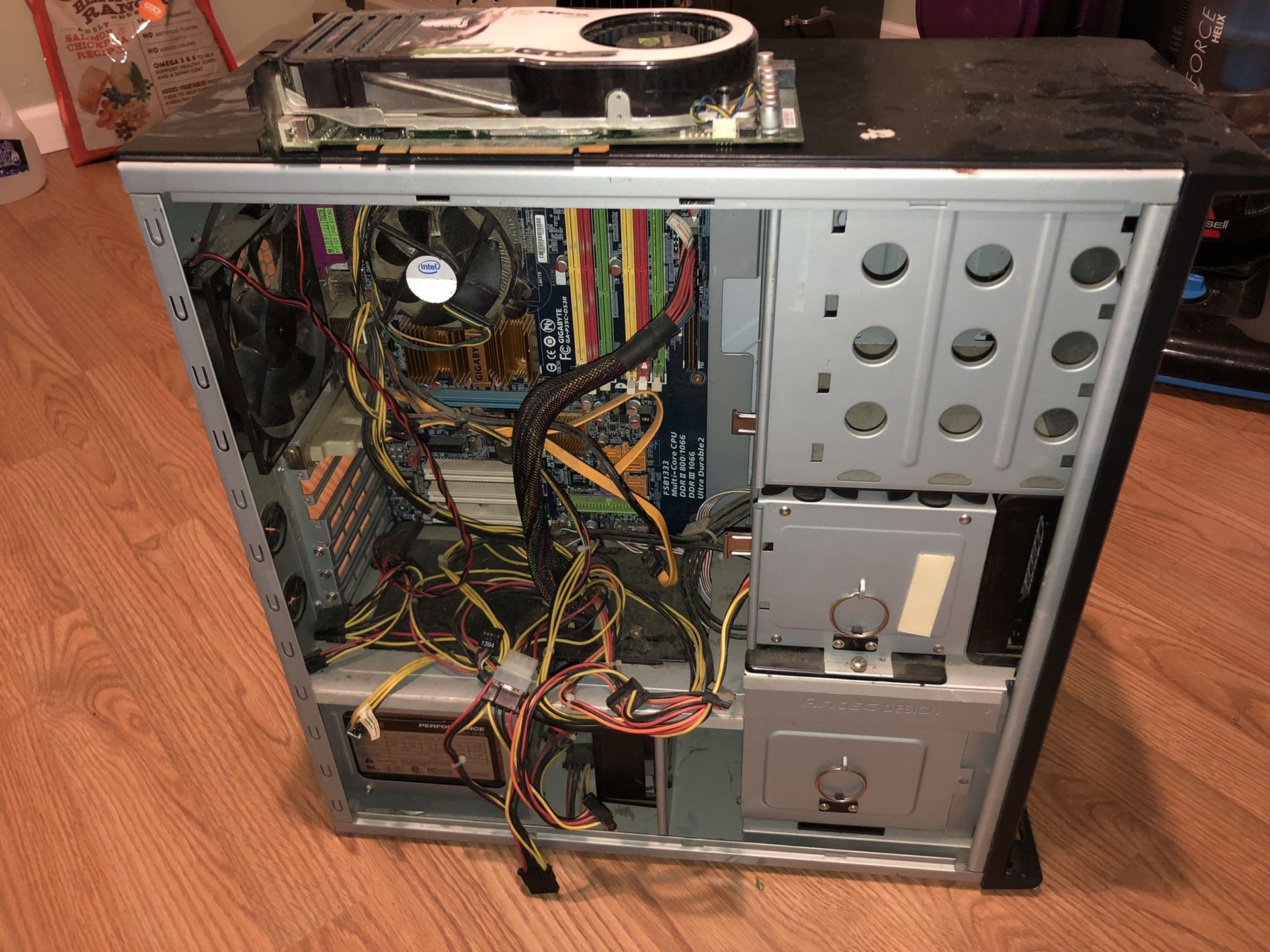 Computer case with motherboard, graphics card and power supply.
