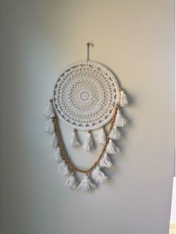 Boho Crochet Wall Hanging with Wood Beads & Tassels – 27” x 15”