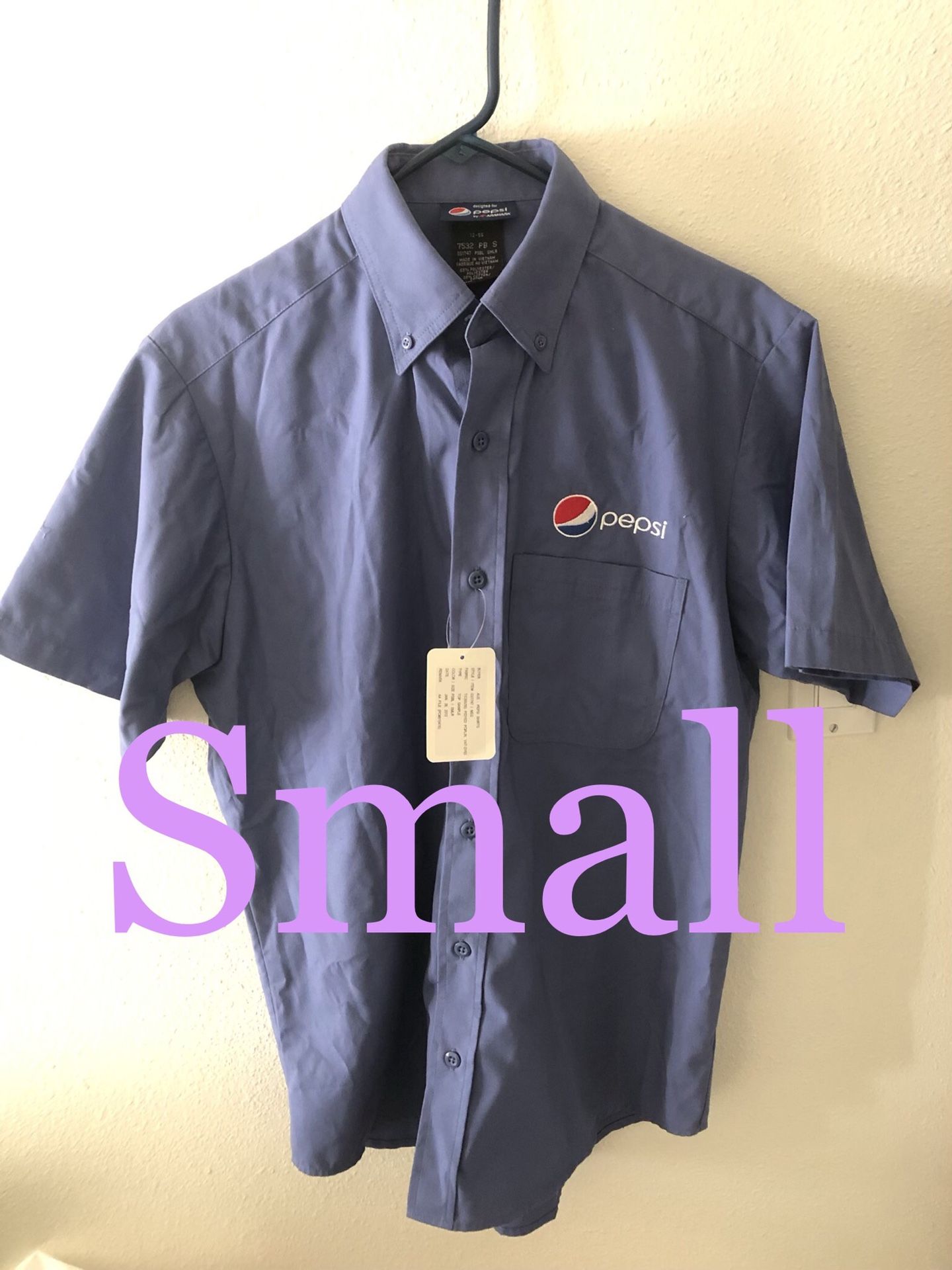 New PEPSI UNIFORM WORK SHIRT ARAMARK EMBROIDERED LOGO BUTTON DOWN BLUE MEN'S S