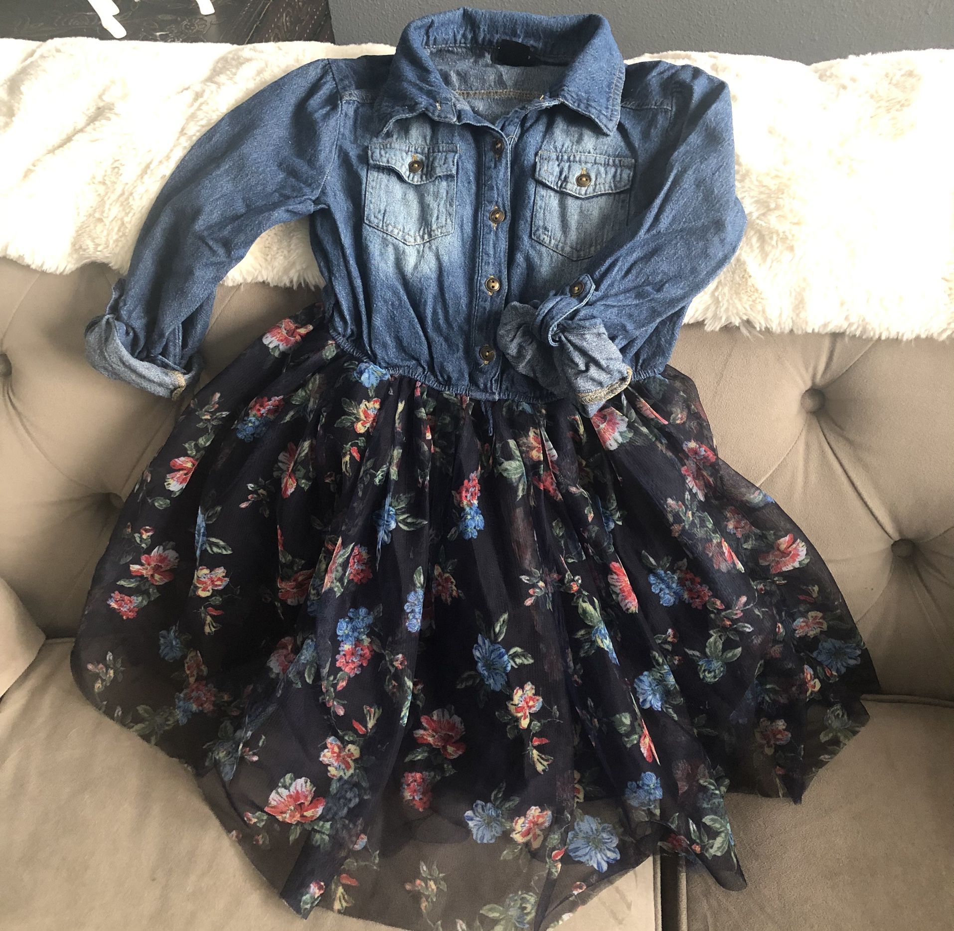 ZUNIE SIZE 10 Denim Floral Dress With Tulle Skirt