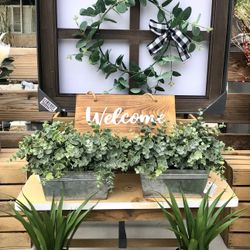 Farmhouse Home Decorations Window Pane / Ceramics Pots & Metal Container Greenery